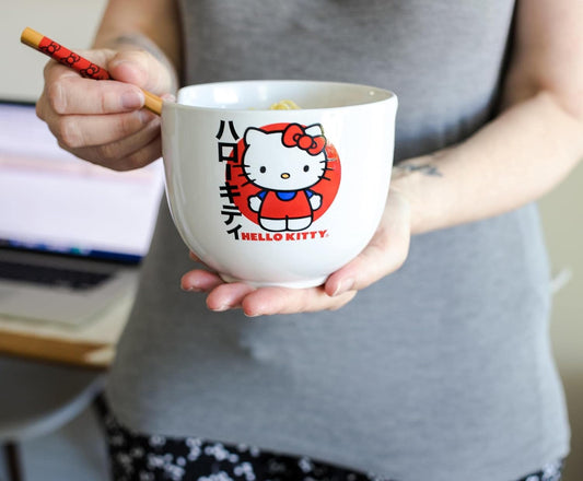 Sanrio Hello Kitty Tazón Japonés de Cerámica para Ramen, Fideos y Arroz con Palillos, Apto para Microondas, 20 Onzas