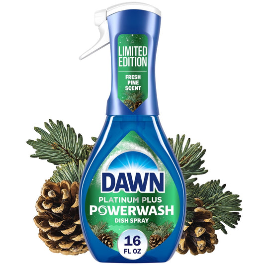 Dawn Platinum Plus Powerwash dish spray with fresh pine scent label and pine cones in background on white background