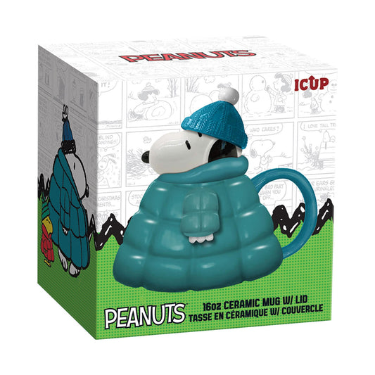Close-up of Peanuts Snoopy mug packaging showing Snoopy in blue puffer jacket holding a gift on the side