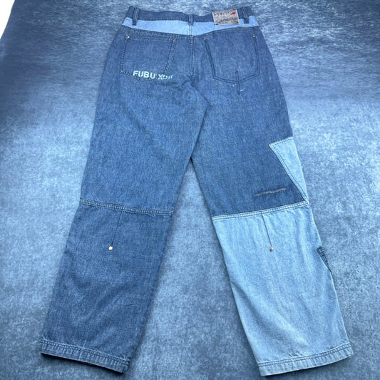 Vintage FUBU The Collection Patchwork Baggy Jeans Mens 34x34 Blue Streetwear 90s by FUBU