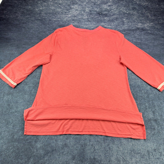 Charter Club Coral Pink Embroidered Beaded Tunic Top XL 100% Cotton 3/4 Sleeve by Charter Club