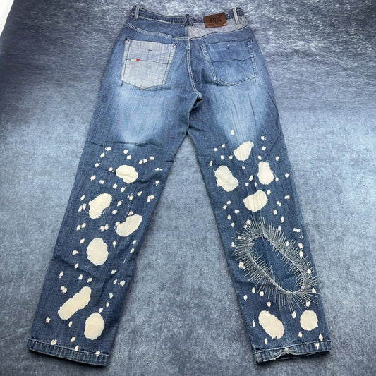Bachi Exchange BIX Mens Distressed Bleach Splatter Jeans Blue W34 L34 Y2K Russia by Bachi Exchange