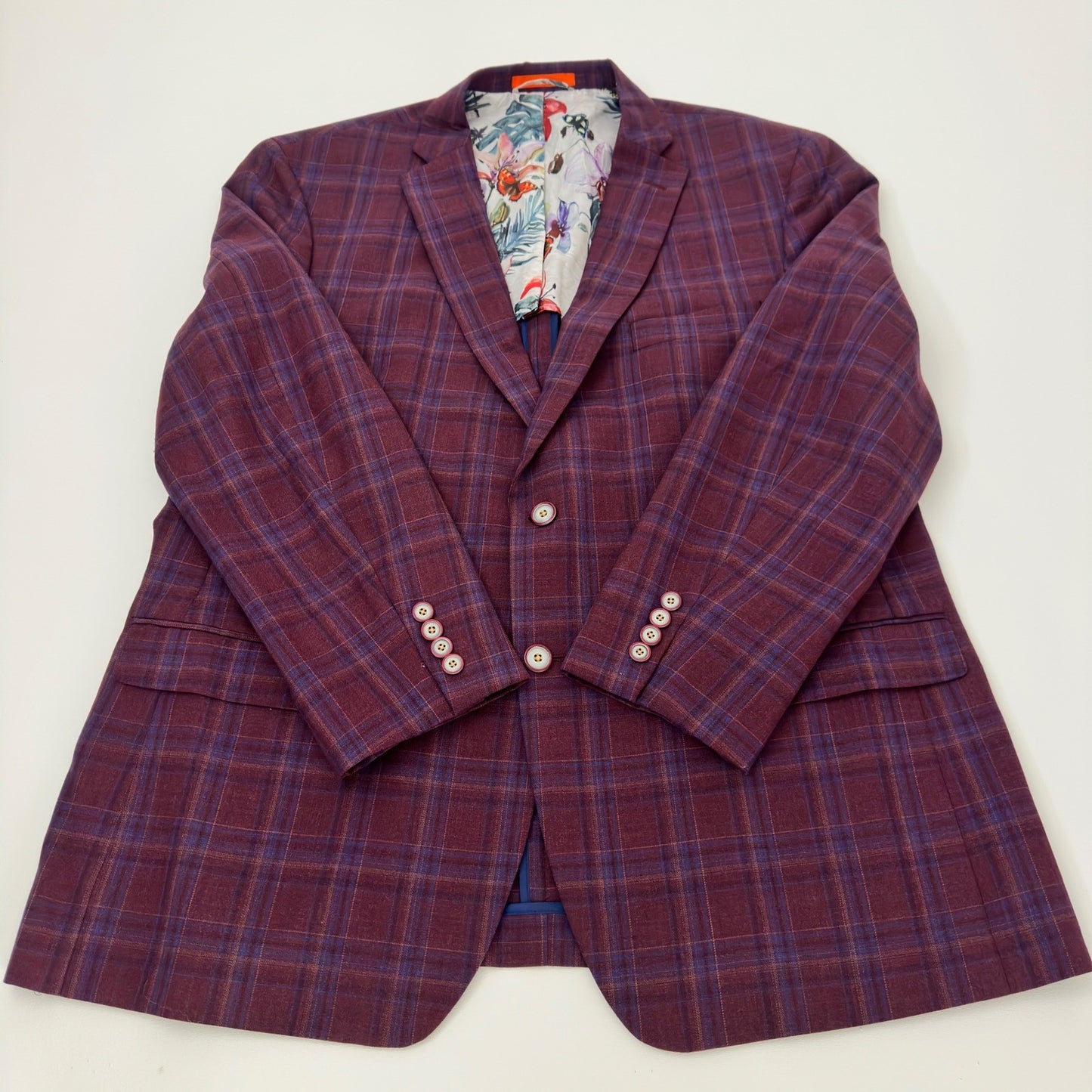 Tallia Mens Plaid Blazer Sport Coat Burgundy Blue Wool Blend Floral Lining 46R by Tallia