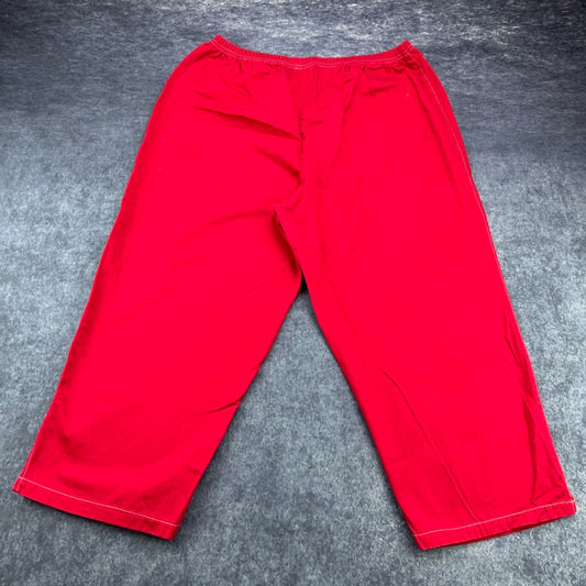 Red 100% Cotton Elastic Waist Crop Pants Women XL Relaxed Wide Leg Side Slit by Unbranded