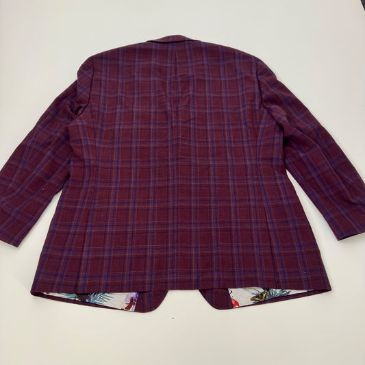 Tallia Mens Plaid Blazer Sport Coat Burgundy Blue Wool Blend Floral Lining 46R by Tallia