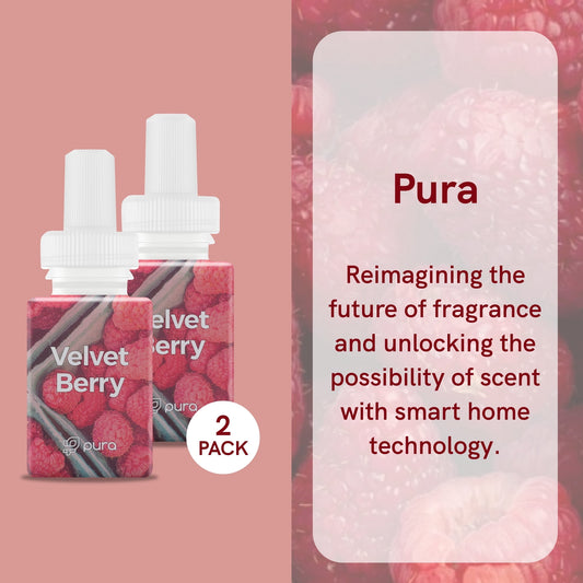 Two Velvet Berry fragrance refill bottles displayed on a pink background with Pura branding and smart home fragrance technology description
