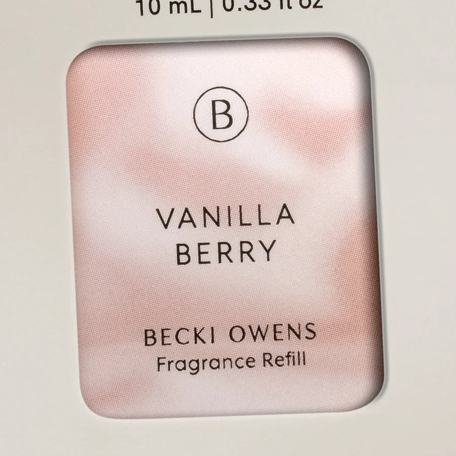 Close-up of Vanilla Berry label on fragrance refill packaging highlighting brand and scent name