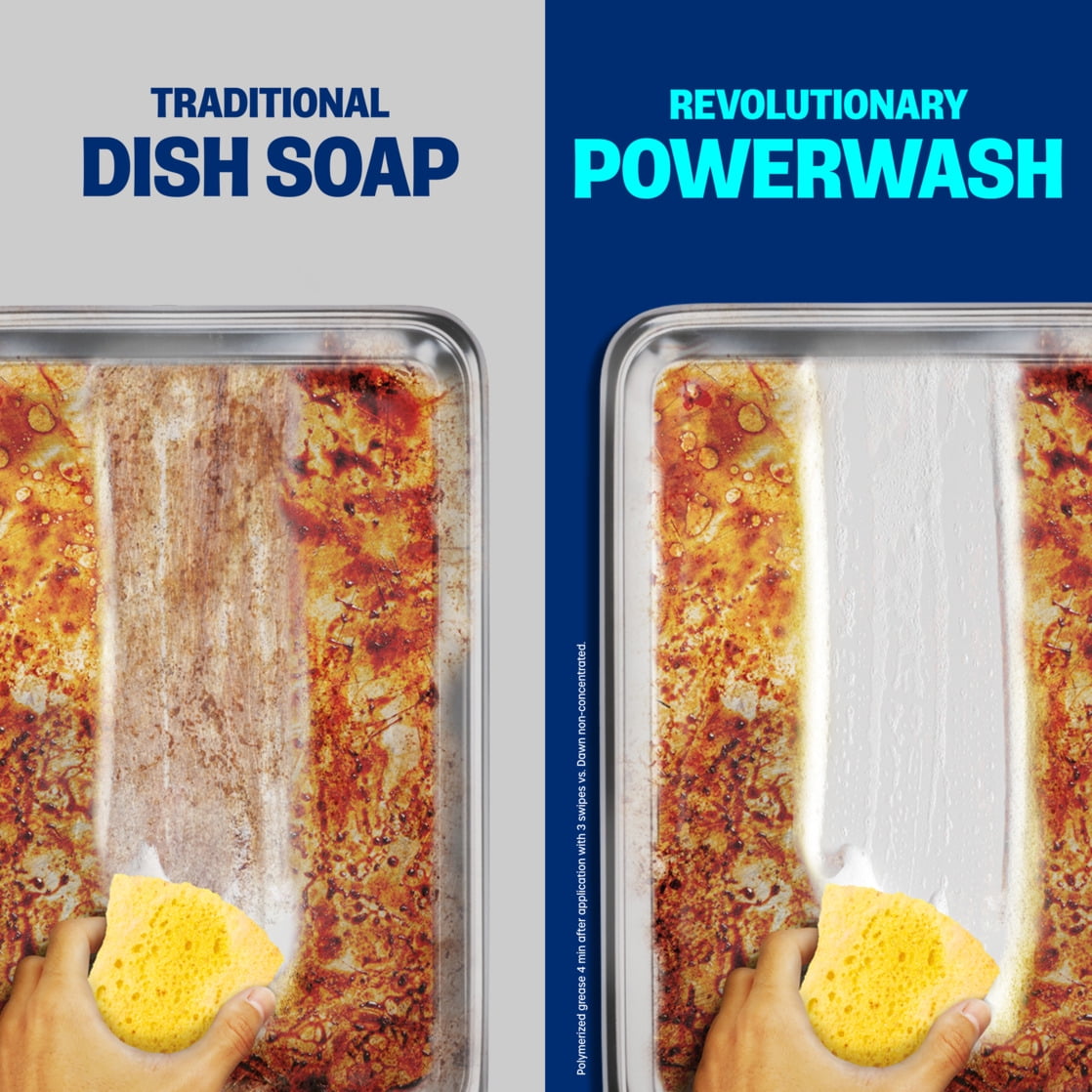 Side-by-side comparison of cleaning on a baking tray with traditional dish soap versus Dawn Powerwash spray showing superior grease removal