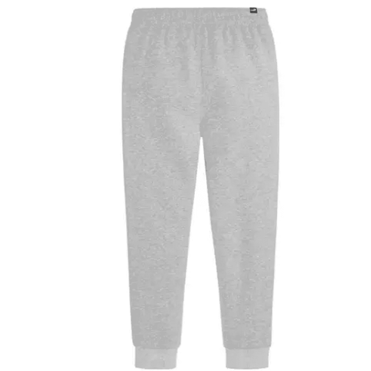 Back view of heather gray Puma youth jogger sweatpants showing elastic waistband and ribbed ankle cuffs
