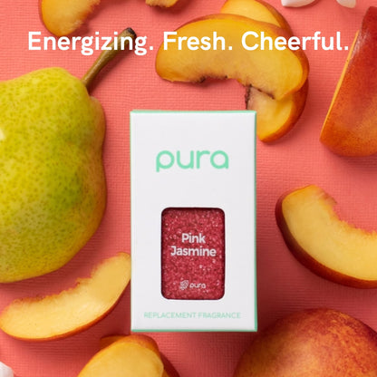 Pura Pink Jasmine replacement fragrance box surrounded by fresh orchard fruits slices