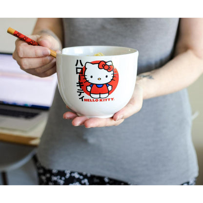 Product image showcasing Hello Kitty ramen bowl with chopsticks on a white surface