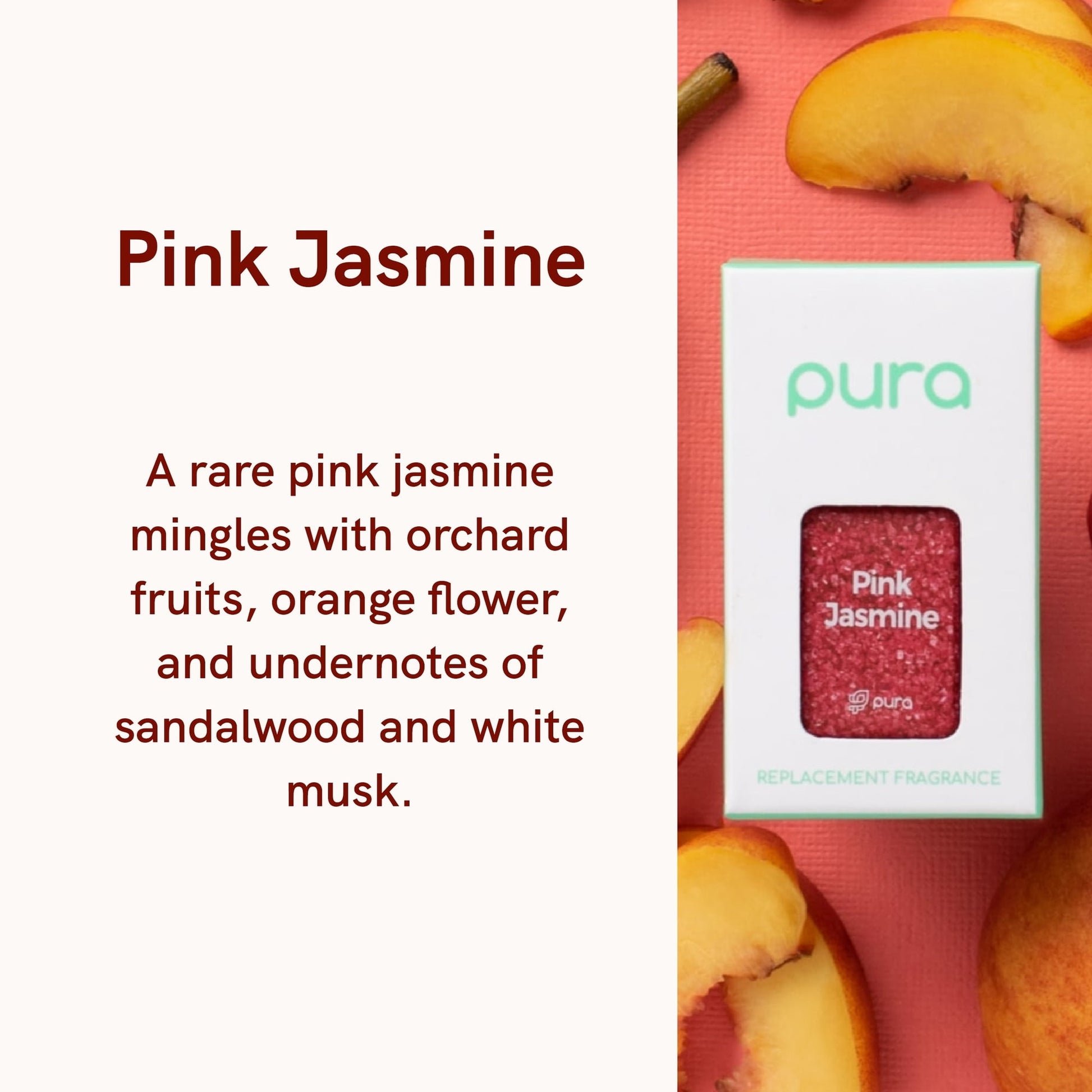 Pura Pink Jasmine fragrance box with description of scent notes: pink jasmine, orchard fruits, orange flower, sandalwood, and white musk
