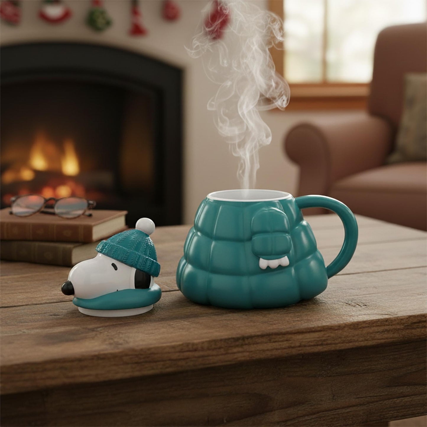 Peanuts Snoopy mug with steam rising, lid removed and placed on table beside it, set in warm indoor living room environment