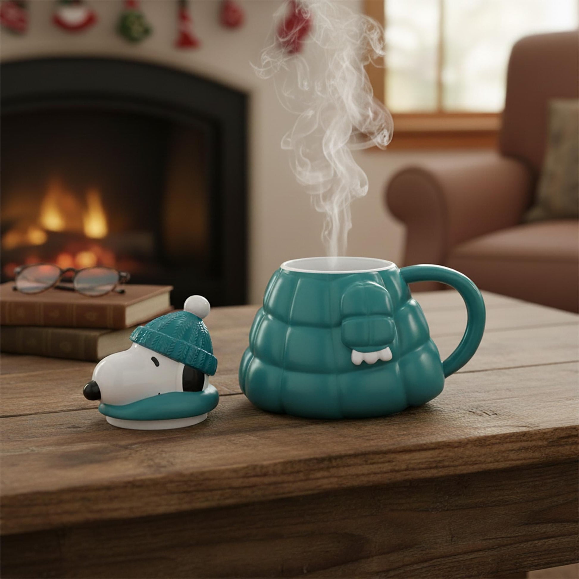 Peanuts Snoopy mug with steam rising, lid removed and placed on table beside it, set in warm indoor living room environment