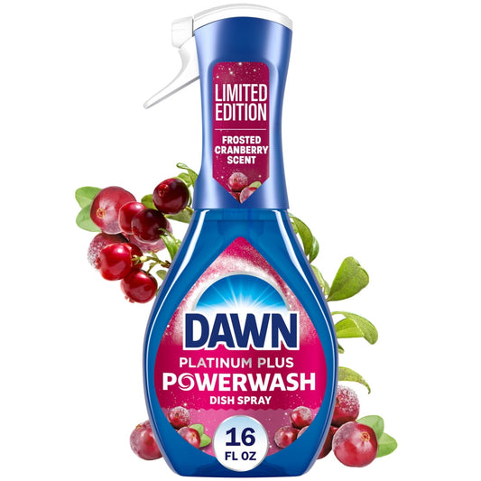 Dawn Platinum Plus Powerwash Dish Spray bottle with Frosted Cranberry scent surrounded by fresh cranberries