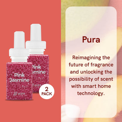 Two Pura Pink Jasmine fragrance refill vials on a pink background with text about smart home fragrance innovation