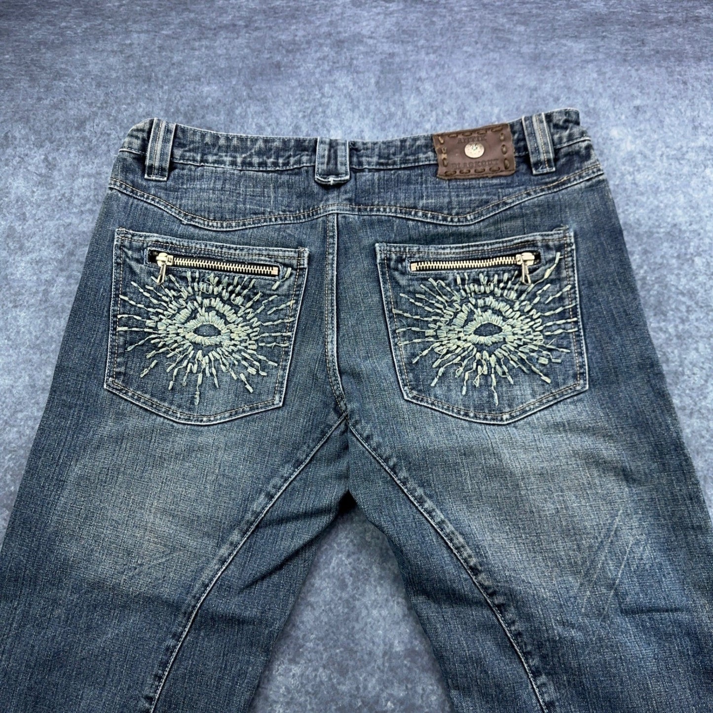 Antik Denim Mens Straight Leg Jeans Blue Medium Wash Button Fly Distressed 34x32 by Antik Denim
