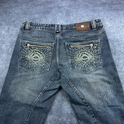 Antik Denim Mens Straight Leg Jeans Blue Medium Wash Button Fly Distressed 34x32 by Antik Denim