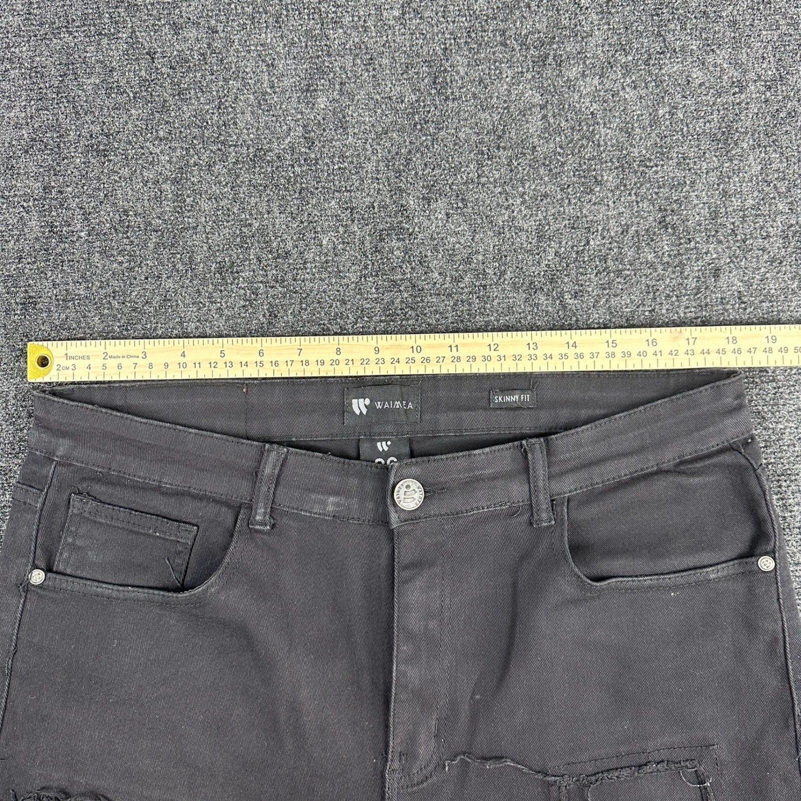 Waimea Mens Skinny Fit Jeans Black Faded Knee Zipper Denim Pants Size 36 by Waimea