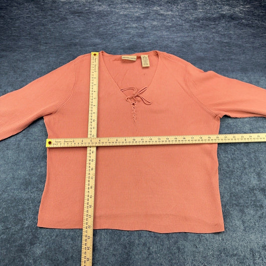 Apostrophe Womens XL Coral Pink Ribbed Knit Lace Up V-Neck Sweater Long Sleeve by Apostrophe