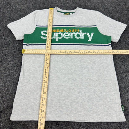 Superdry Mens Graphic T-Shirt Grey Green Stripe Logo Crew Neck Small by Superdry