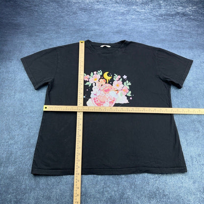 Romwe Black Graphic T-Shirt XL Anime Kawaii Bunny Heart Floral Moon Short Sleeve by ROMWE