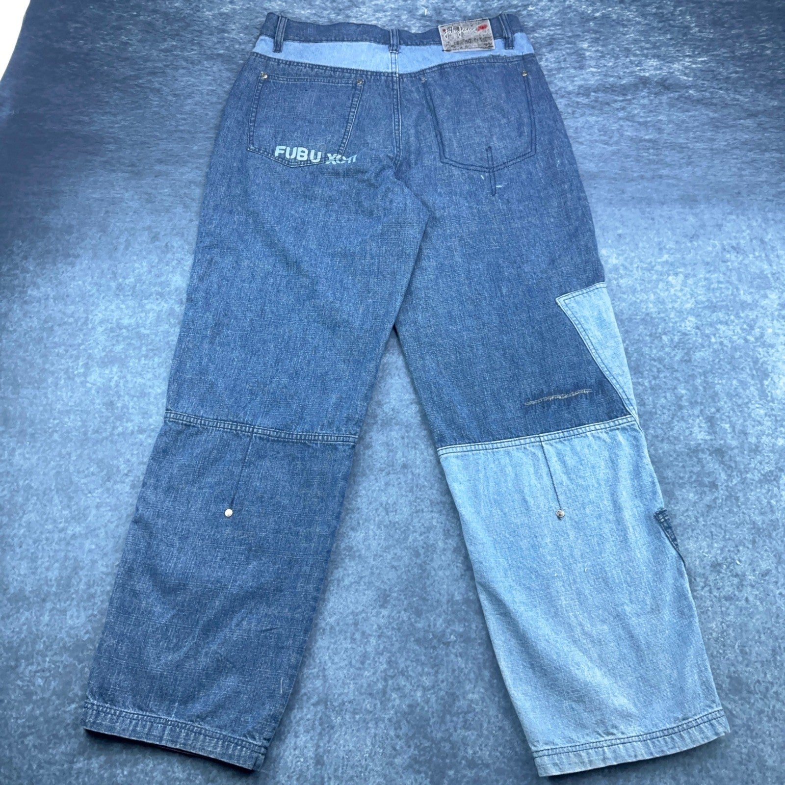 Vintage FUBU The Collection Patchwork Baggy Jeans Mens 34x34 Blue Streetwear 90s by FUBU