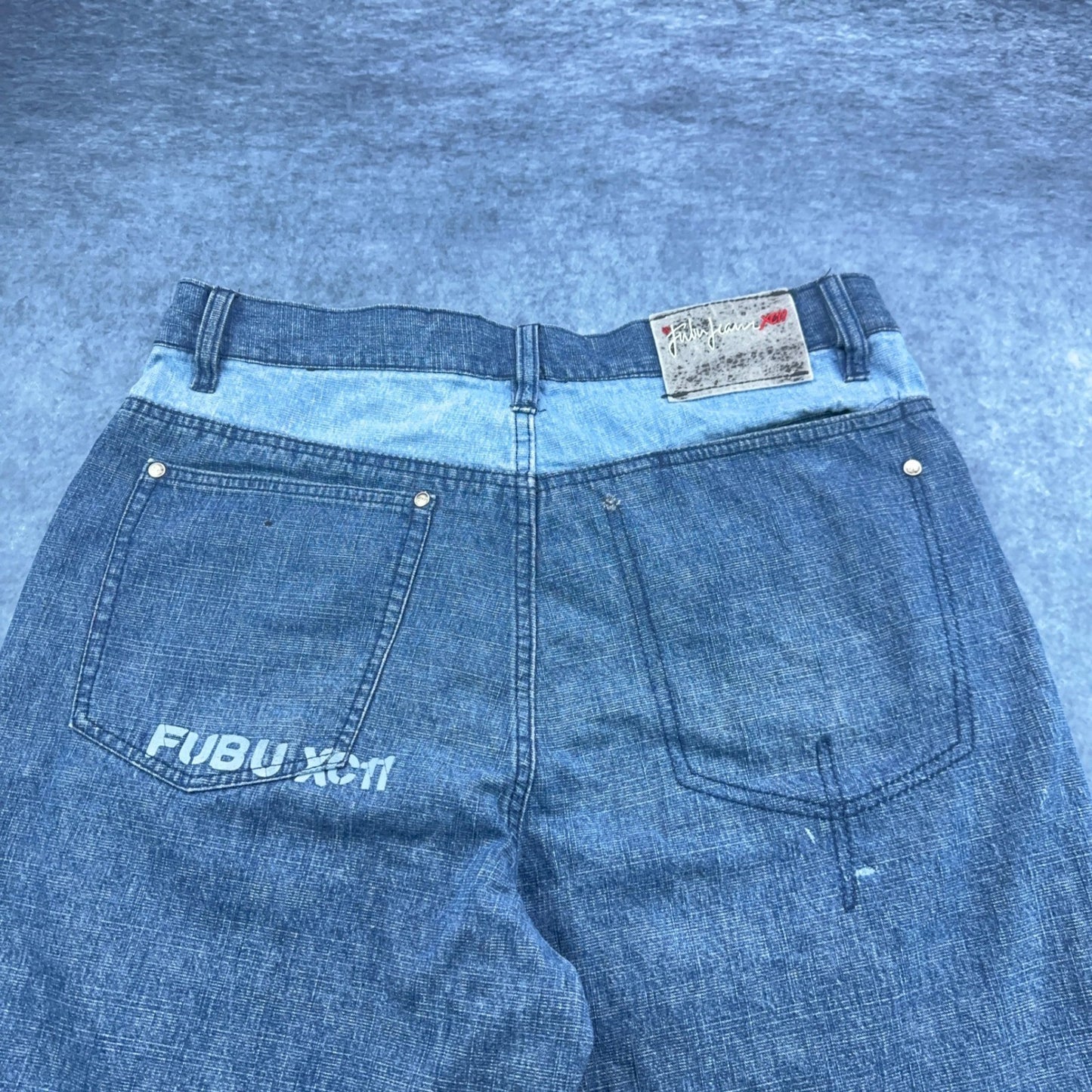 Vintage FUBU The Collection Patchwork Baggy Jeans Mens 34x34 Blue Streetwear 90s by FUBU