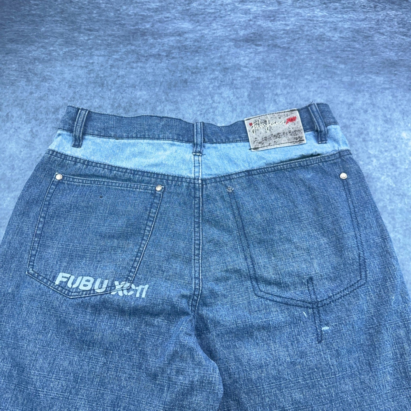 Vintage FUBU The Collection Patchwork Baggy Jeans Mens 34x34 Blue Streetwear 90s by FUBU