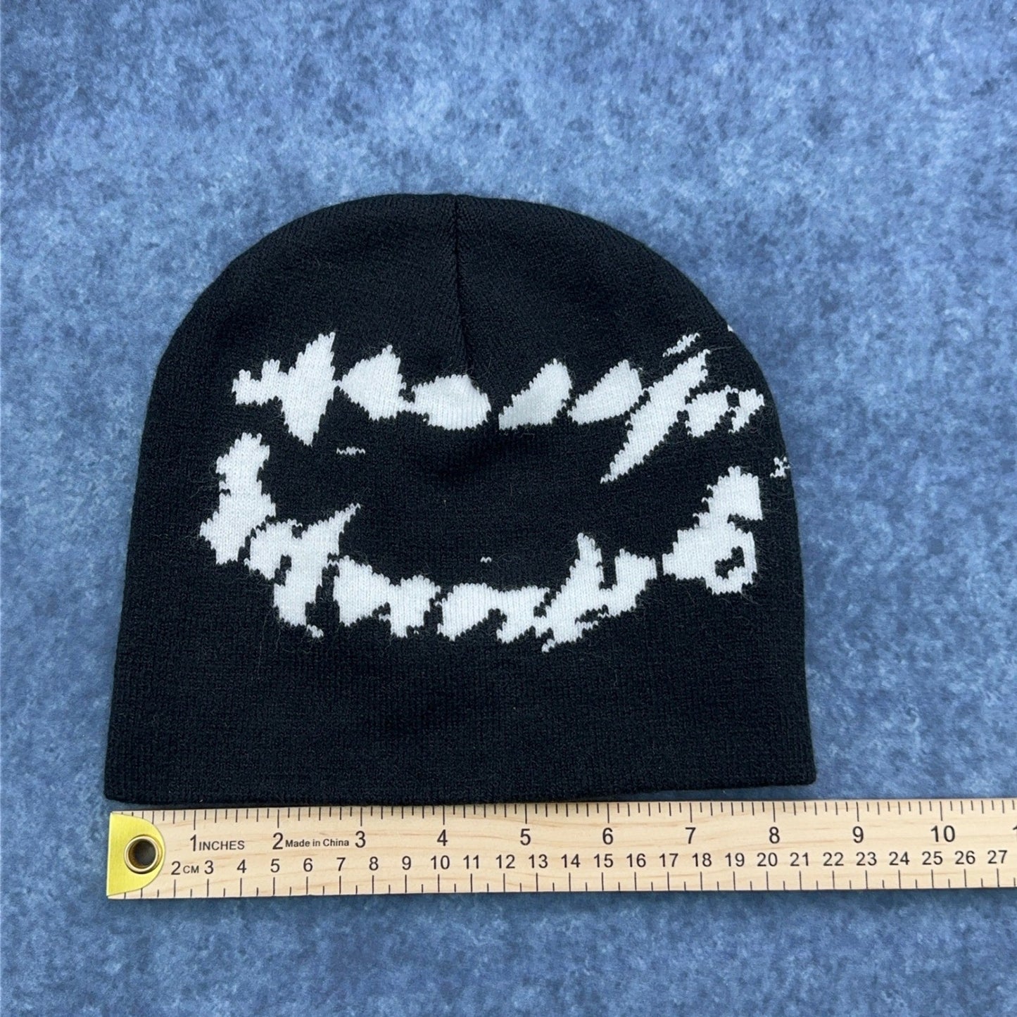 Black Graphic Knit Beanie Abstract White Design Streetwear Skull Cap Hat by Unbranded