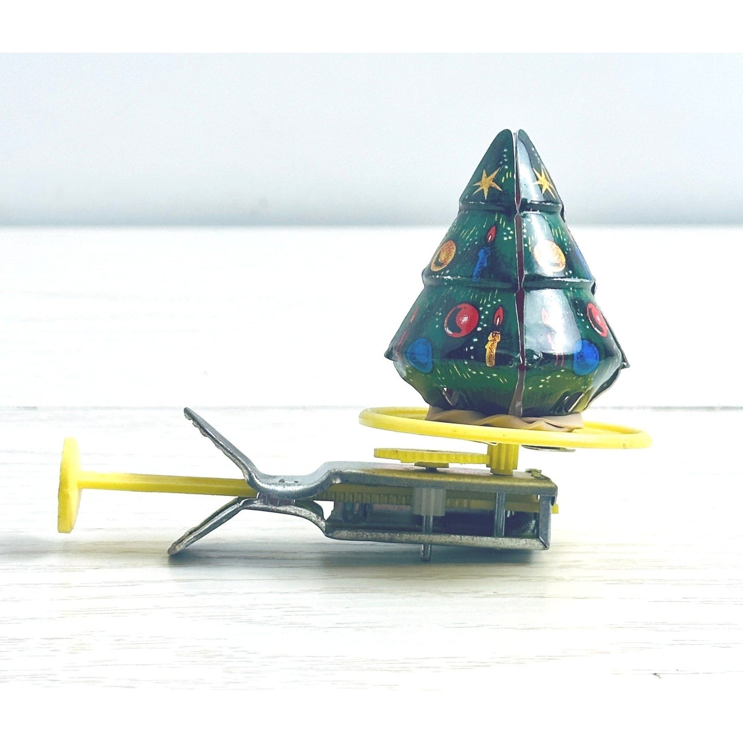 Vintage Tin Litho Spinning Christmas Tree w/Hidden Santa Push Spinner Toy Japan by Unbranded