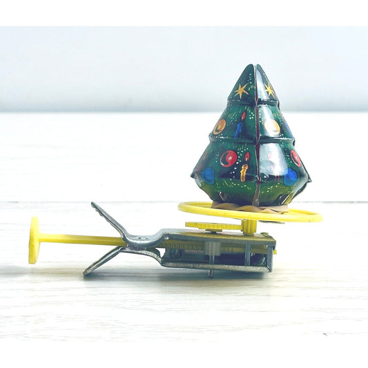 Vintage Tin Litho Spinning Christmas Tree w/Hidden Santa Push Spinner Toy Japan by Unbranded