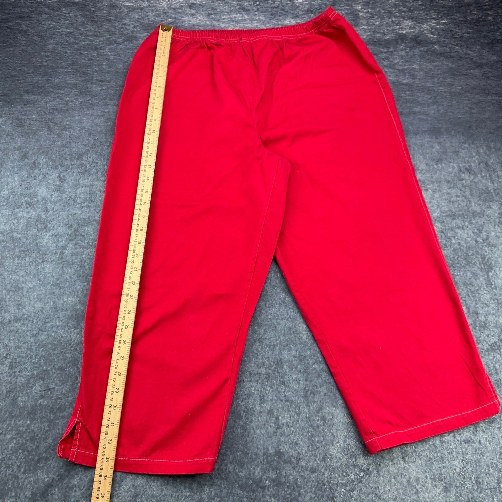 Red 100% Cotton Elastic Waist Crop Pants Women XL Relaxed Wide Leg Side Slit by Unbranded