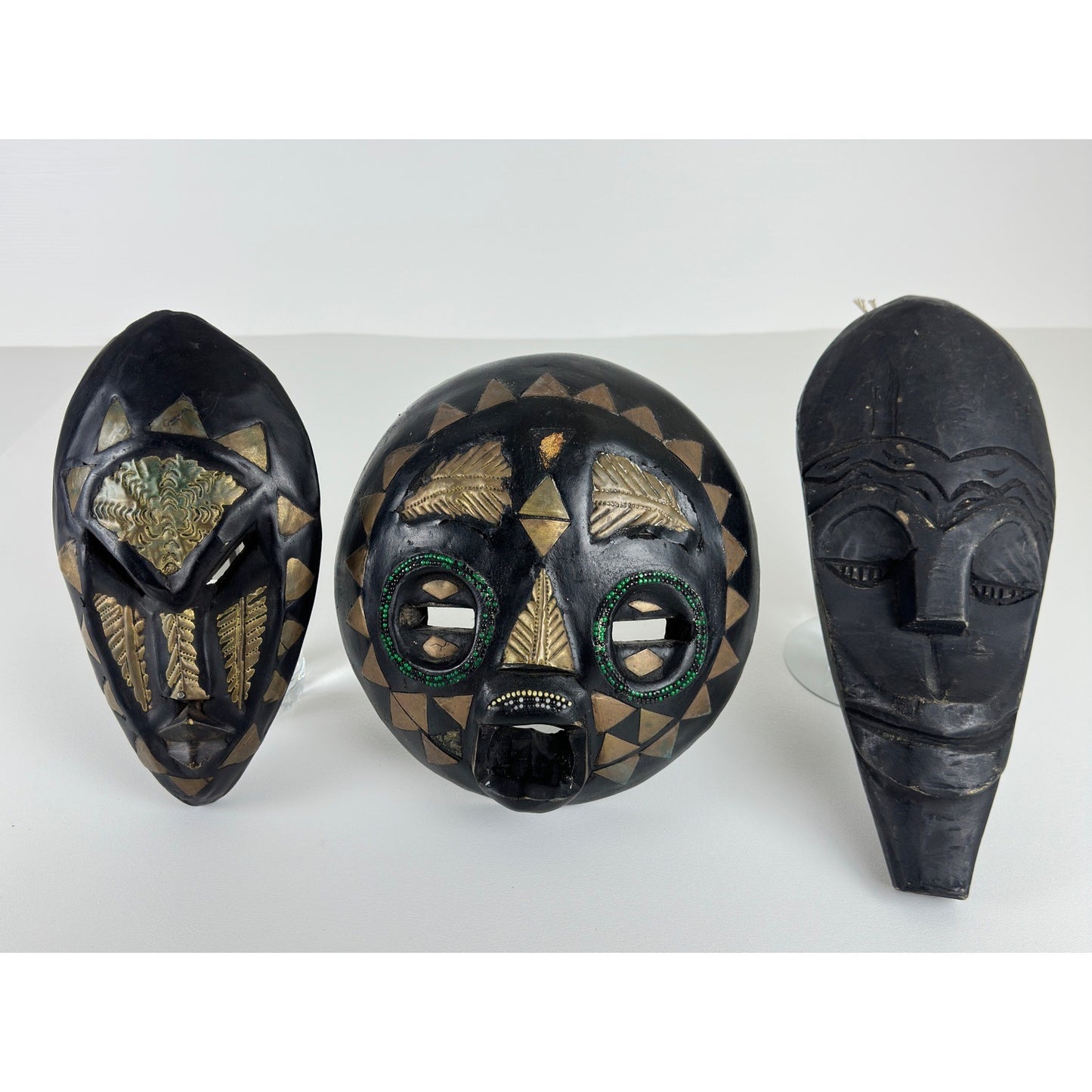 Handmade Ghana African Tribal Mask Set 3 Wood Brass Inlay Wall Decor Black Gold by African Arts & Crafts Int'l