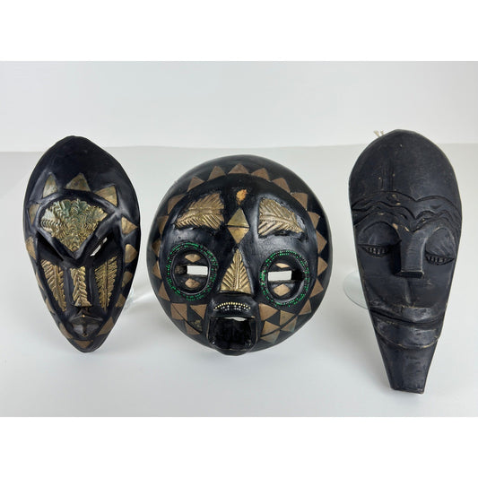 Handmade Ghana African Tribal Mask Set 3 Wood Brass Inlay Wall Decor Black Gold by African Arts & Crafts Int'l