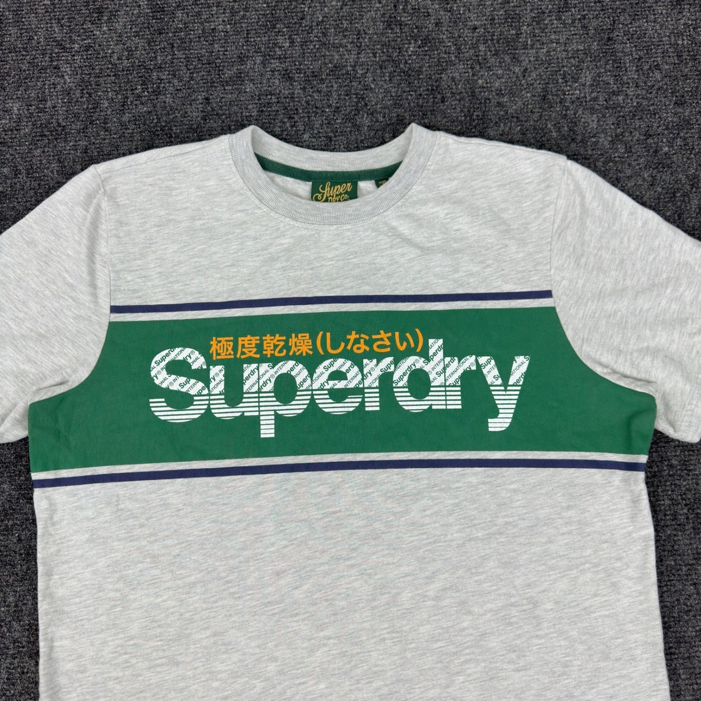 Superdry Mens Graphic T-Shirt Grey Green Stripe Logo Crew Neck Small by Superdry