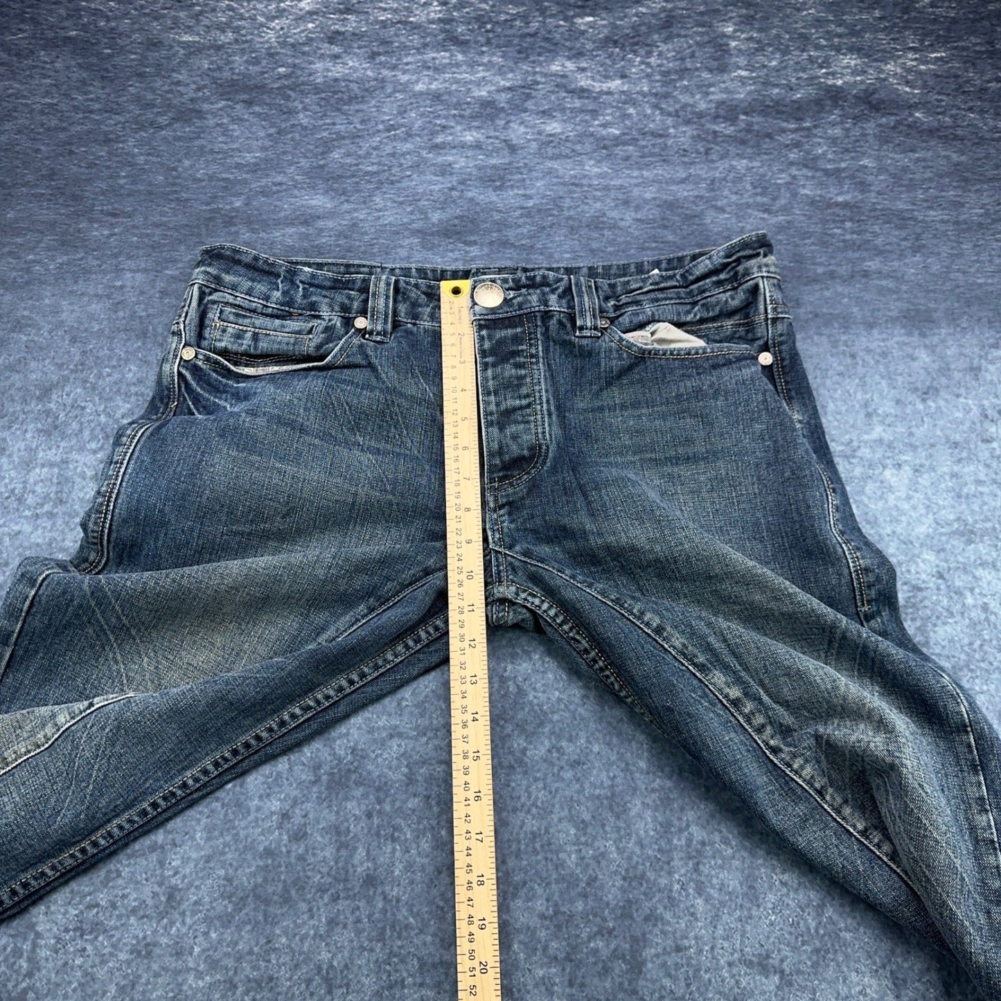 Antik Denim Mens Straight Leg Jeans Blue Medium Wash Button Fly Distressed 34x32 by Antik Denim