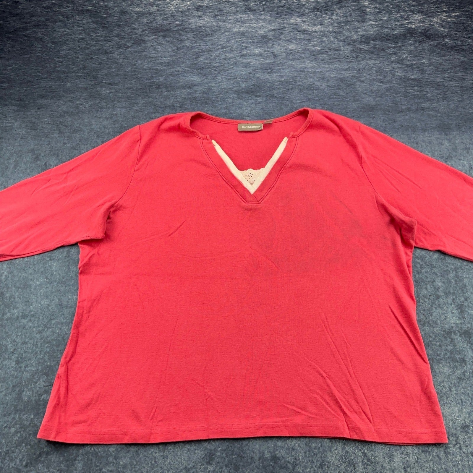 Croft & Barrow Womens 2X Coral Pink Faux Layered Lace V-Neck Long Sleeve Top by Croft & Barrow