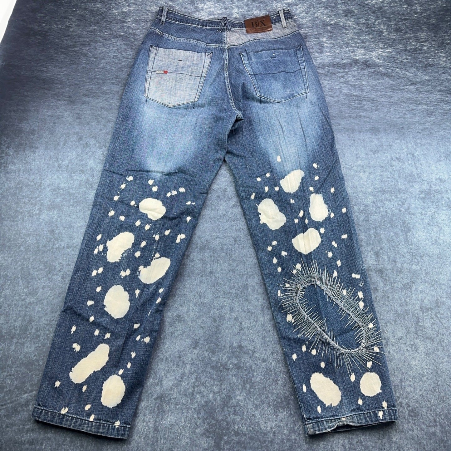 Bachi Exchange BIX Mens Distressed Bleach Splatter Jeans Blue W34 L34 Y2K Russia by Bachi Exchange