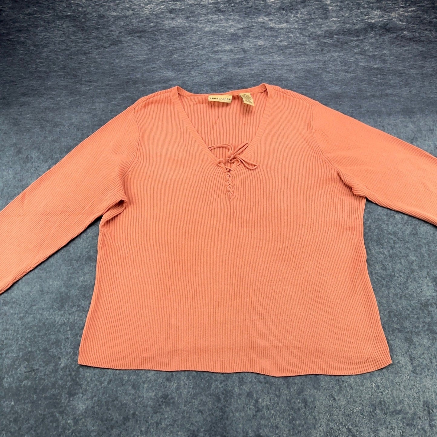 Apostrophe Womens XL Coral Pink Ribbed Knit Lace Up V-Neck Sweater Long Sleeve by Apostrophe