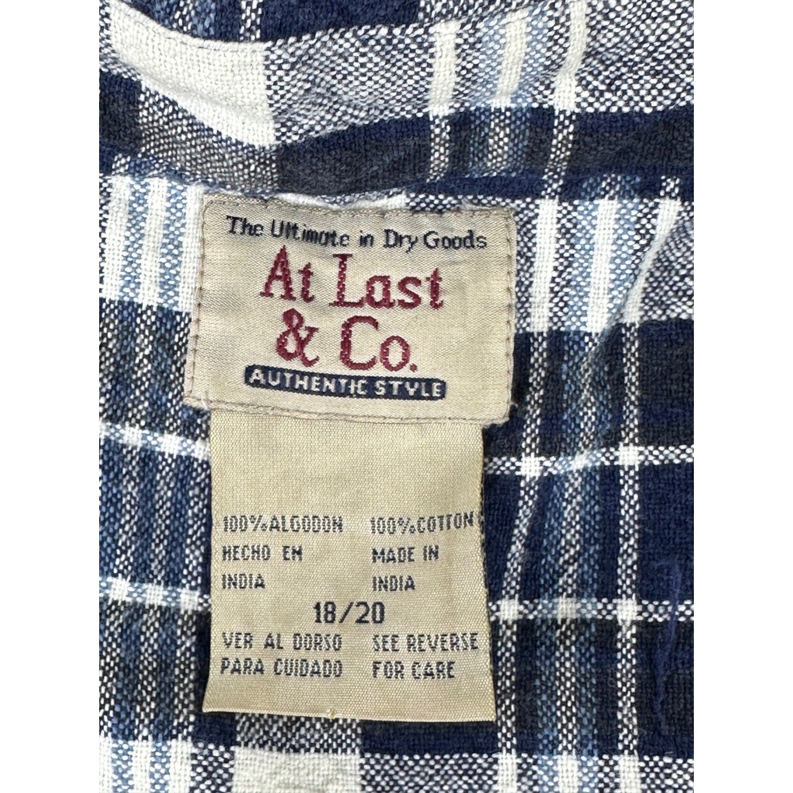 At Last & Co Blue White Plaid Cotton Button Down Shirt Mens 18/20 Flannel L/S by At Last & Co.