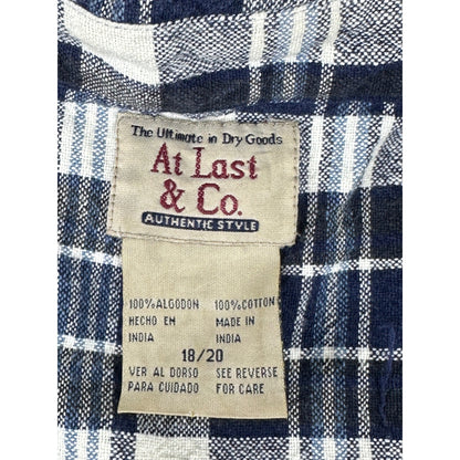 At Last & Co Blue White Plaid Cotton Button Down Shirt Mens 18/20 Flannel L/S by At Last & Co.