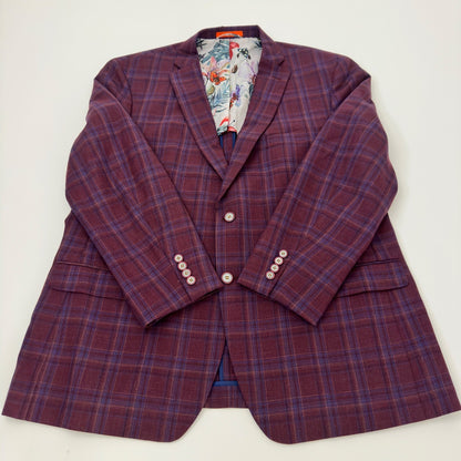 Tallia Mens Plaid Blazer Sport Coat Burgundy Blue Wool Blend Floral Lining 46R by Tallia