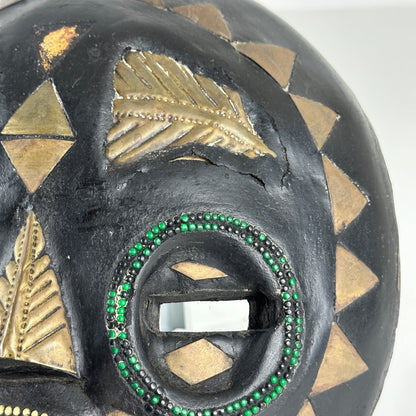 Handmade Ghana African Tribal Mask Set 3 Wood Brass Inlay Wall Decor Black Gold by African Arts & Crafts Int'l