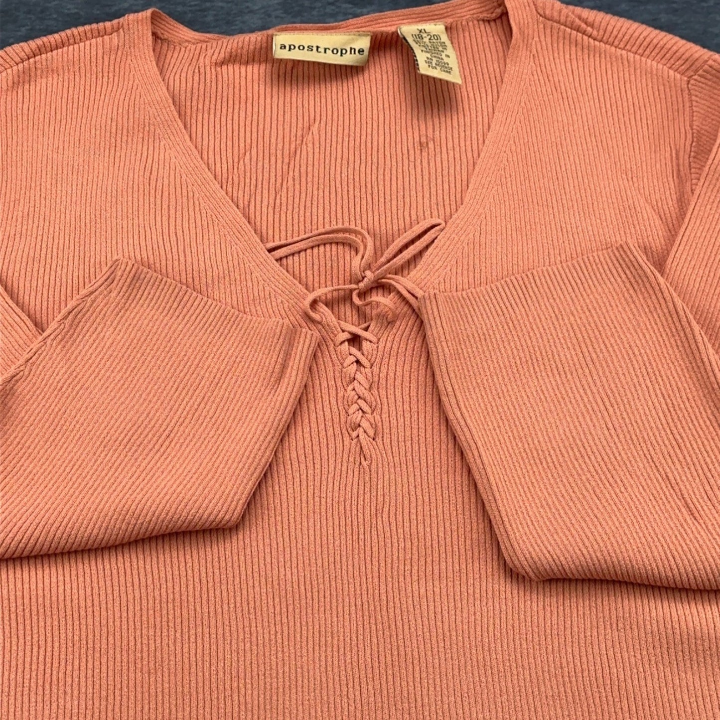 Apostrophe Womens XL Coral Pink Ribbed Knit Lace Up V-Neck Sweater Long Sleeve by Apostrophe