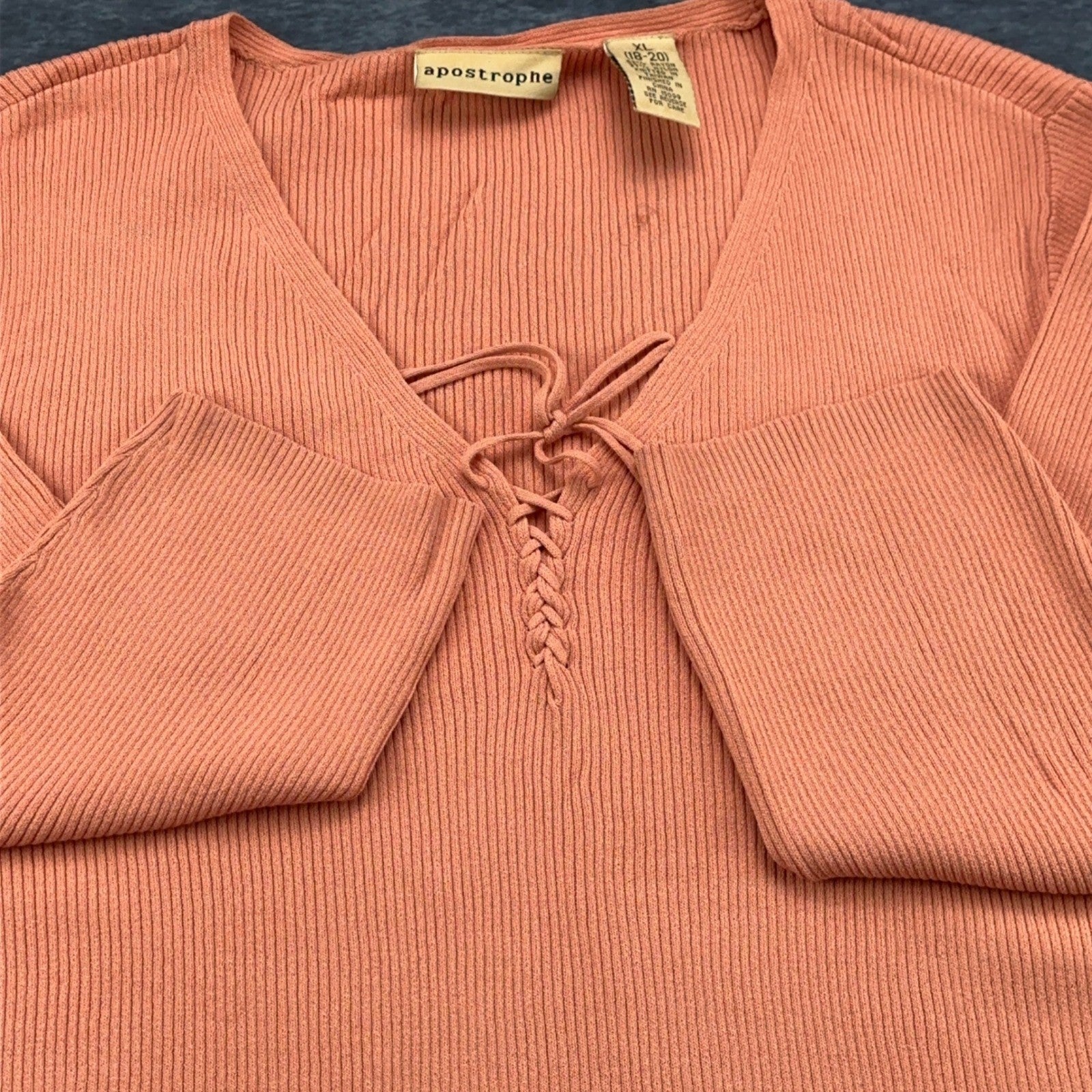 Apostrophe Womens XL Coral Pink Ribbed Knit Lace Up V-Neck Sweater Long Sleeve by Apostrophe