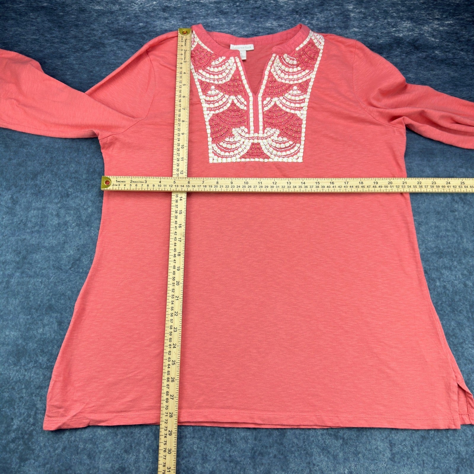 Charter Club Coral Pink Embroidered Beaded Tunic Top XL 100% Cotton 3/4 Sleeve by Charter Club