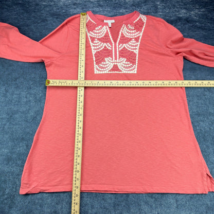 Charter Club Coral Pink Embroidered Beaded Tunic Top XL 100% Cotton 3/4 Sleeve by Charter Club