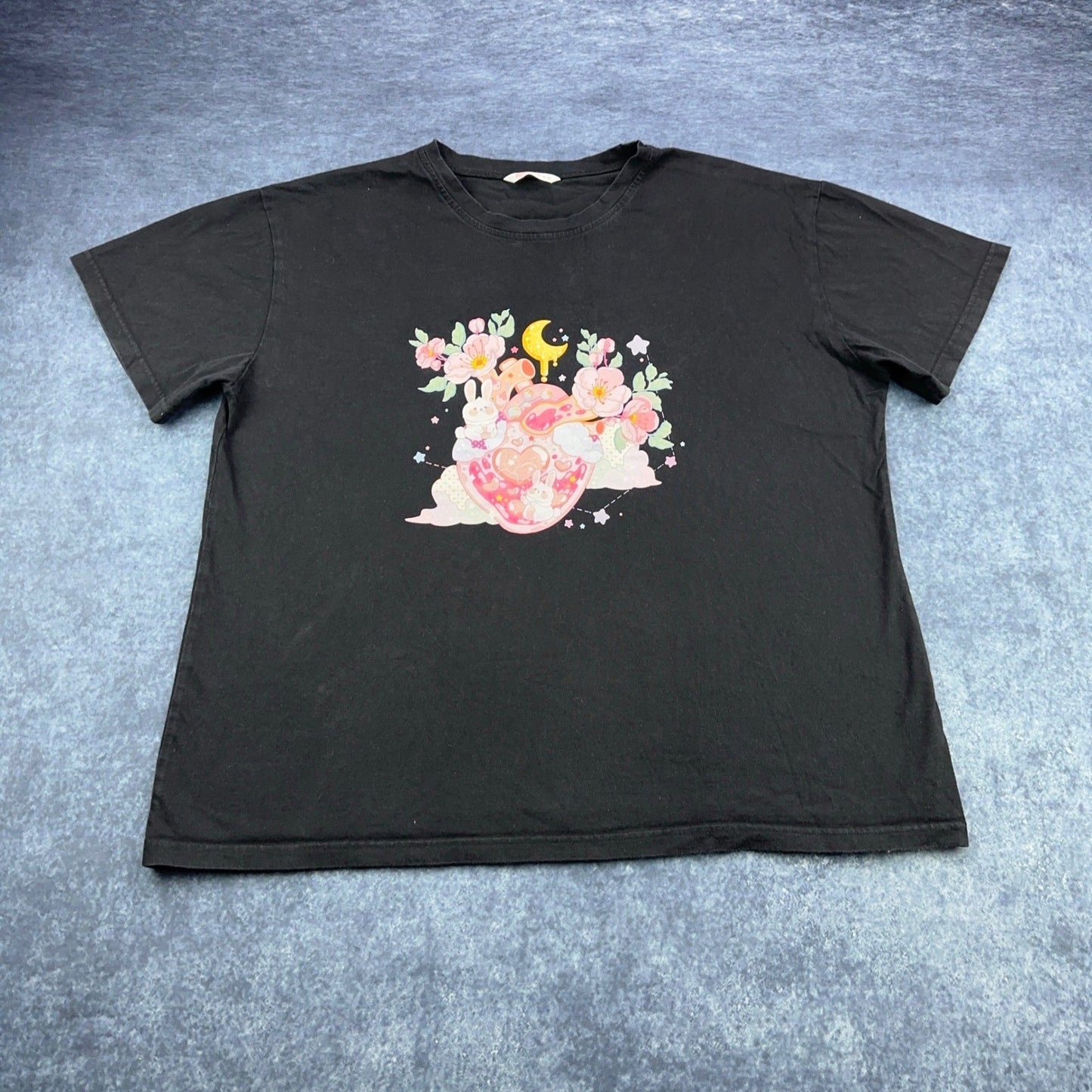 Romwe Black Graphic T-Shirt XL Anime Kawaii Bunny Heart Floral Moon Short Sleeve by ROMWE