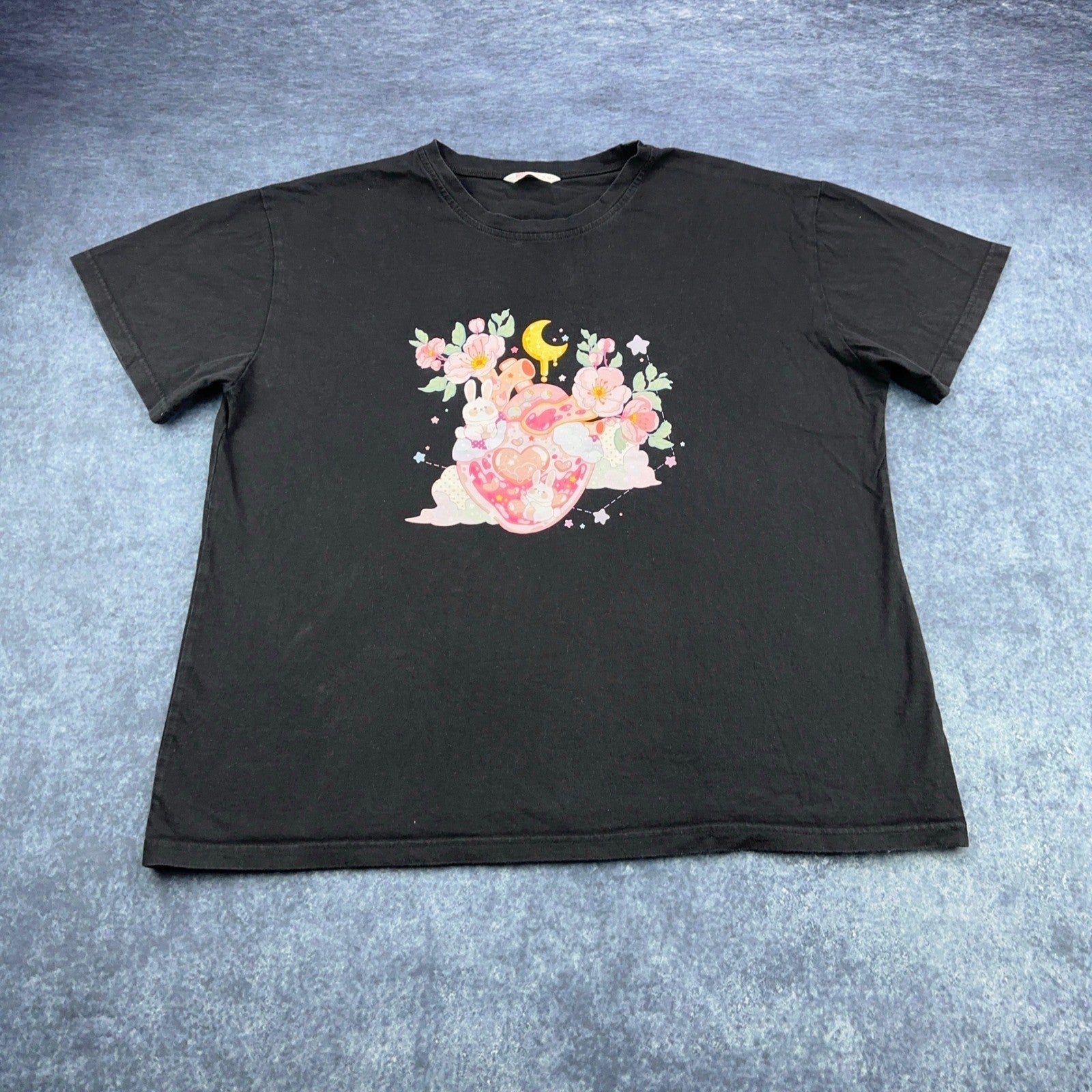 Romwe Black Graphic T-Shirt XL Anime Kawaii Bunny Heart Floral Moon Short Sleeve by ROMWE